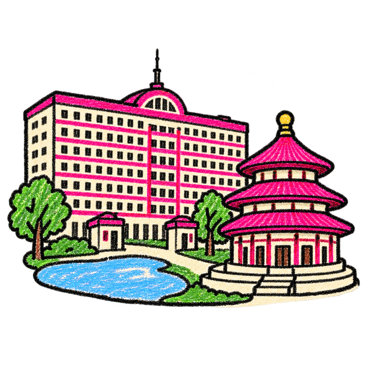 蜡笔手绘中国传媒大学主楼与北京天坛